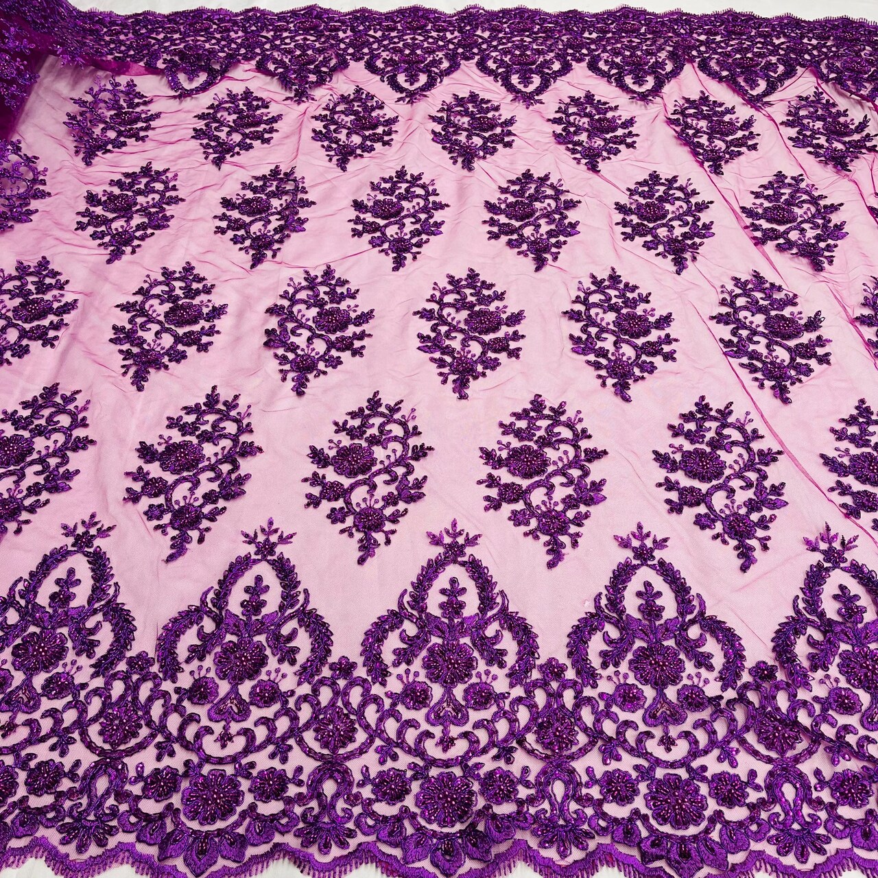 1 Yard Exquisite Royal Blue Corded Beaded Bridal Lace Fabric 53 inch Width